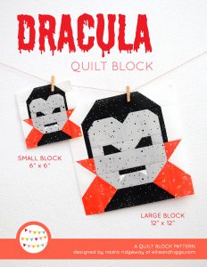 Frankenstein quilt block in two sizes hanging on a wall